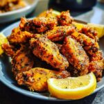 A close-up of a pile of golden brown Lemon Pepper Wings with Bright Zest, garnished with lemon wedges and parsley.