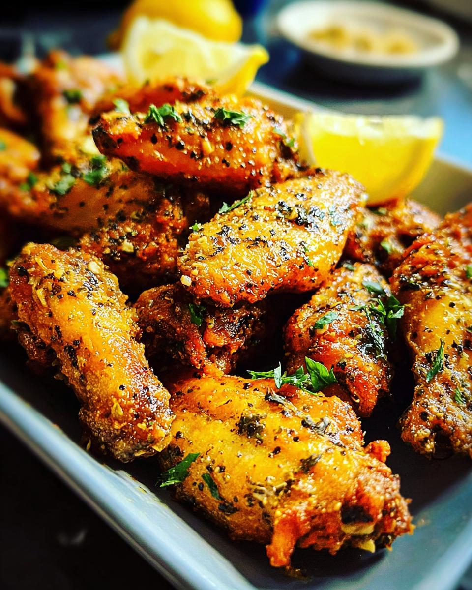 A close-up of a platter of golden-brown Lemon Pepper Wings with Bright Zest, garnished with fresh parsley and lemon wedges.