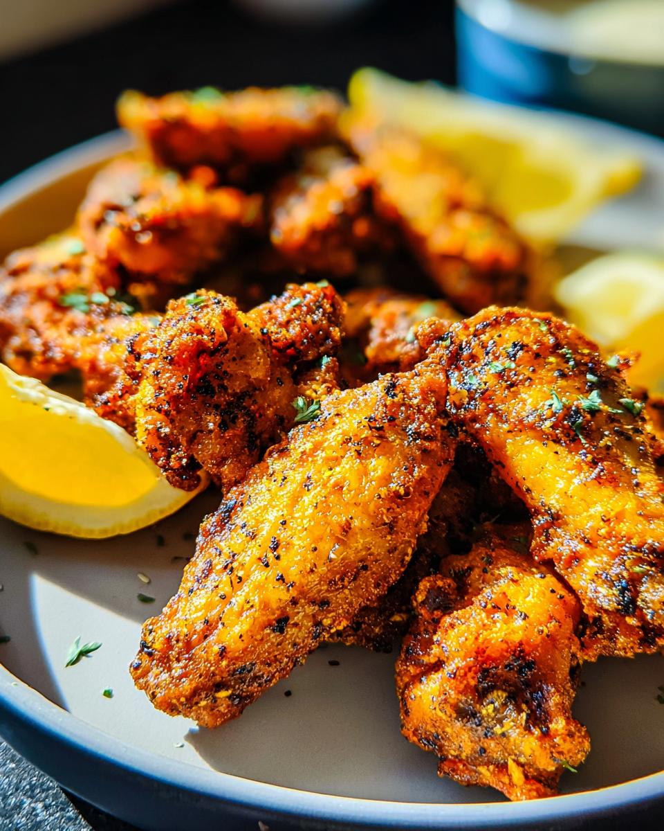 A close-up of crispy, golden-brown Lemon Pepper Wings with Bright Zest, garnished with parsley and lemon wedges.