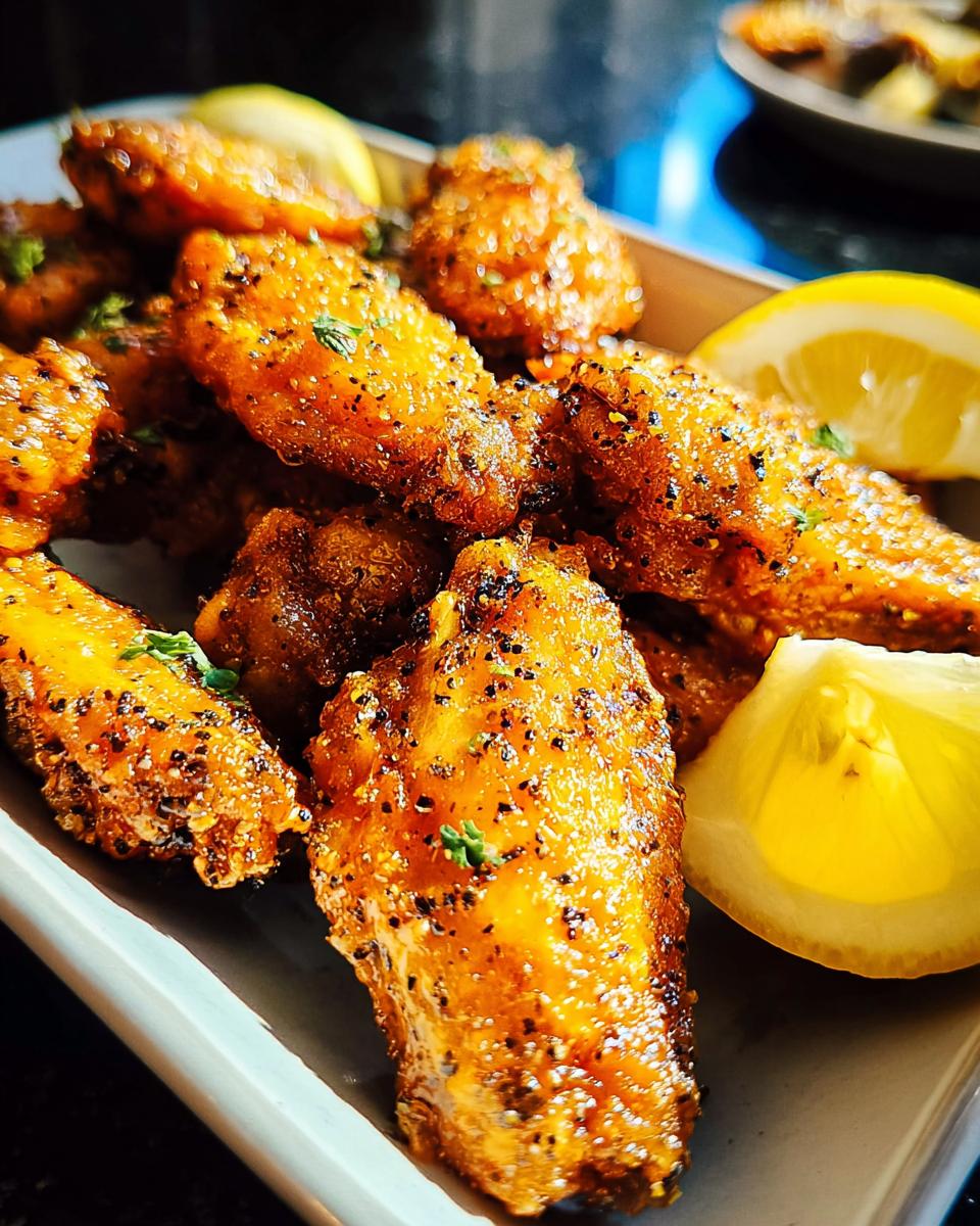 Close-up of golden-brown Lemon Pepper Wings seasoned with black pepper and garnished with fresh lemon wedges and herbs.