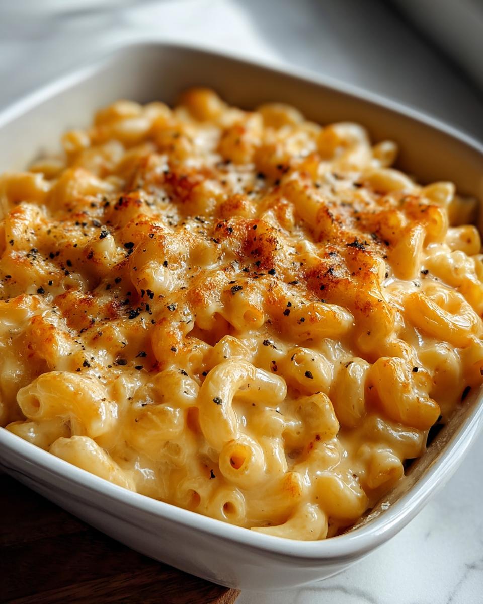 Close-up of Mac and Cheese with Creamy Velvety Sauce, topped with pepper and paprika.