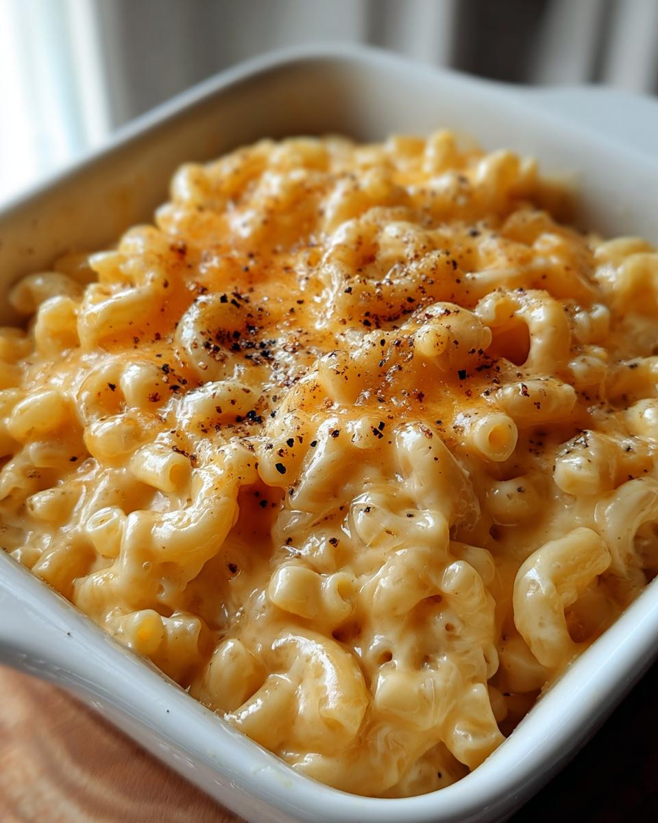Close-up of a white dish filled with Mac and Cheese with Creamy Velvety Sauce, topped with cracked black pepper.