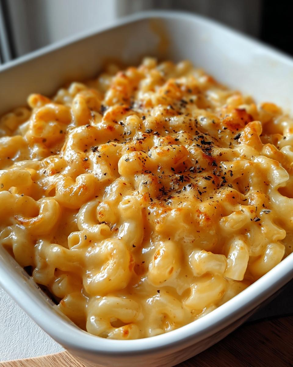 Close-up of baked Mac and Cheese with Creamy Velvety Sauce, topped with melted cheese and herbs.