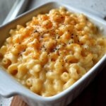 Close-up of perfect mac and cheese with a creamy velvety sauce, topped with melted cheese and pepper.