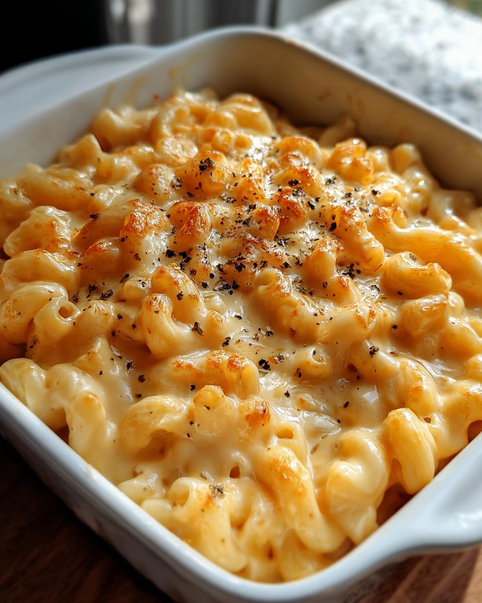 Close-up of baked Mac and Cheese with Creamy Velvety Sauce, topped with black pepper.