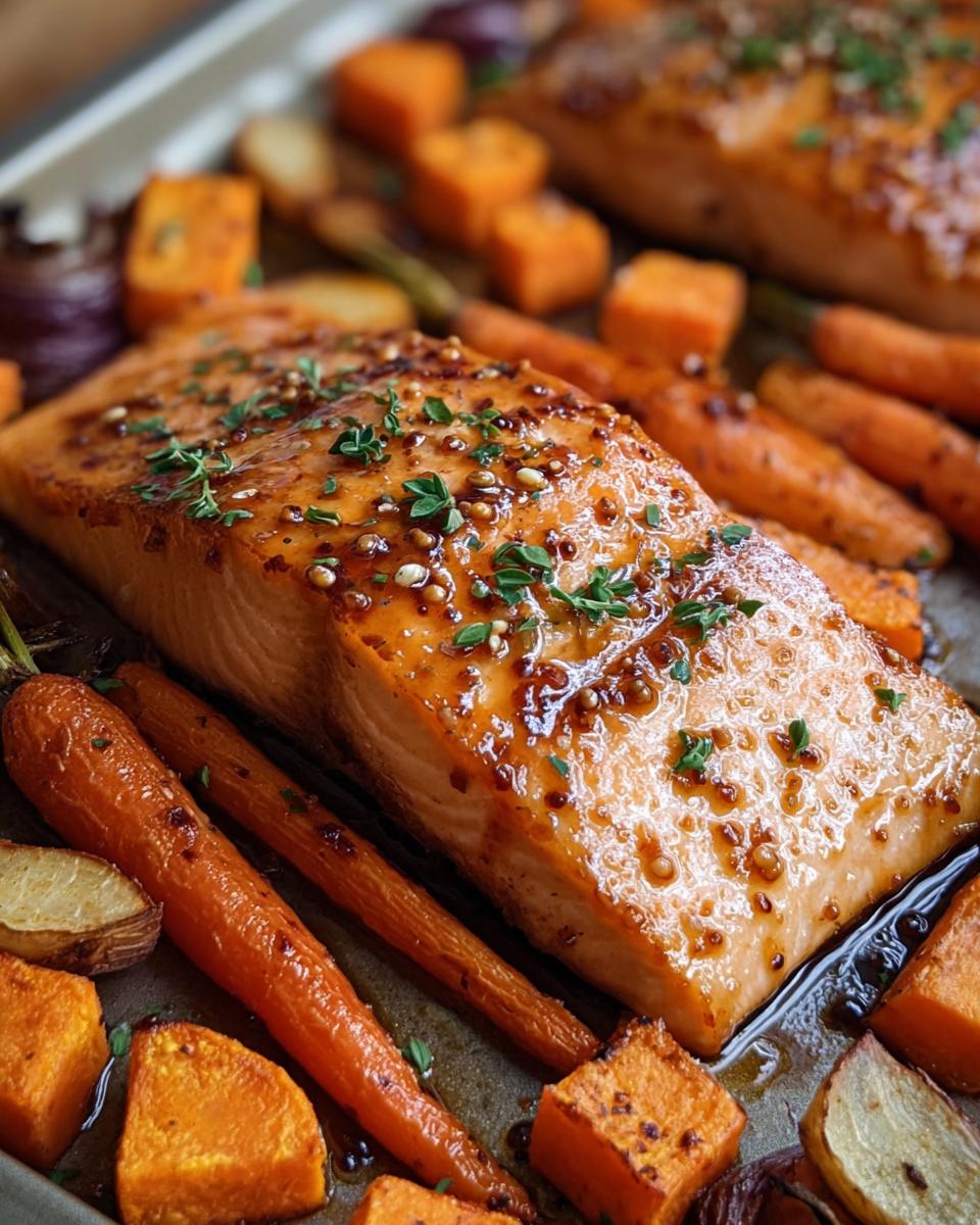 Close-up of a glistening Maple Mustard Salmon fillet baked on a sheet pan with carrots, sweet potatoes, and red onion.
