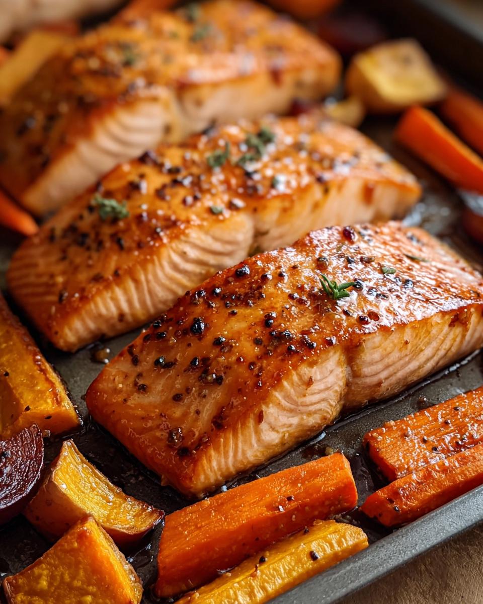 Close-up of glistening Maple Mustard Salmon fillets baked with carrots and root vegetables on a baking sheet.