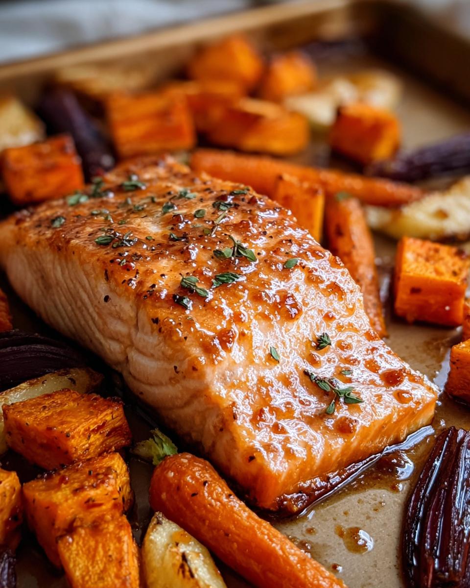 A close-up of a glazed Maple Mustard Salmon fillet surrounded by roasted sweet potatoes, carrots, and purple onions.
