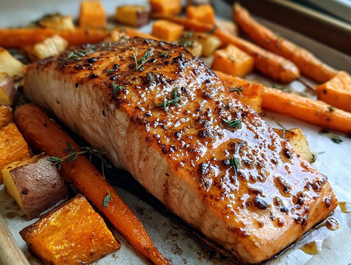 A glistening fillet of Maple Mustard Salmon baked on a sheet pan with roasted carrots and sweet potatoes, garnished with fresh thyme.