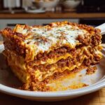 A generous slice of Meat Sauce Lasagna with Tender Noodles, showcasing layers of rich meat sauce, tender noodles, and melted cheese.