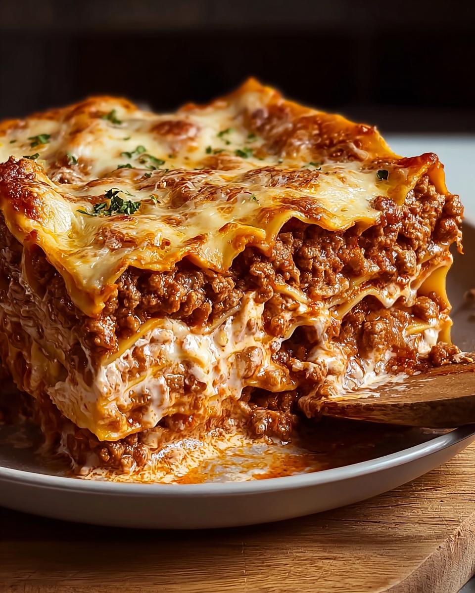 A generous slice of Meat Sauce Lasagna with Tender Noodles, showcasing layers of pasta, rich meat sauce, and melted cheese.