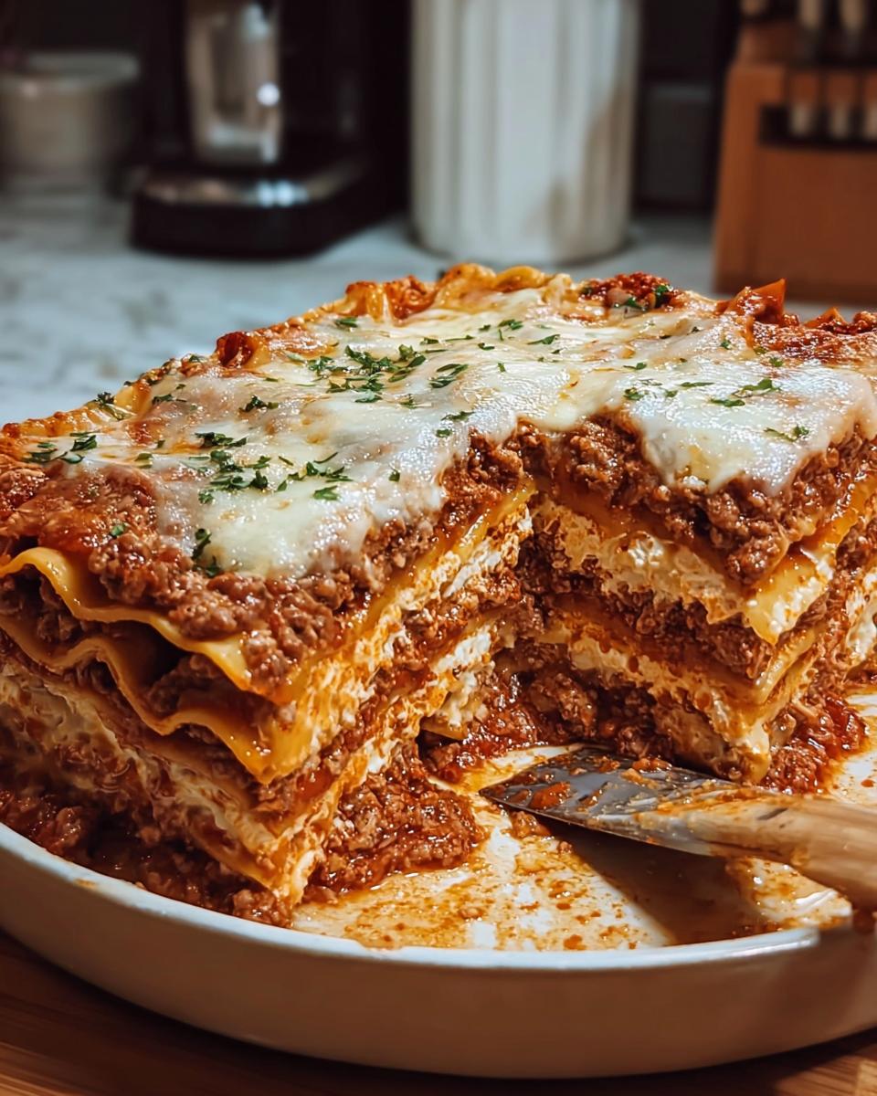 A generous slice of Meat Sauce Lasagna with Tender Noodles, showcasing layers of pasta, rich meat sauce, and creamy cheese.