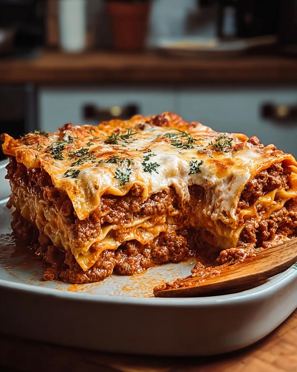 A generous slice of Meat Sauce Lasagna with Tender Noodles, featuring layers of pasta, rich meat sauce, and melted cheese, topped with fresh parsley.