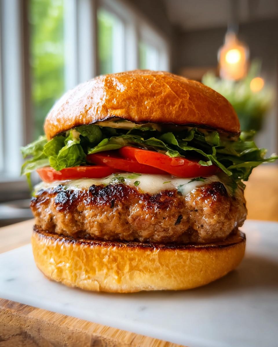A juicy and moist turkey burger patty with fresh lettuce, tomato, and melted cheese on a toasted bun.