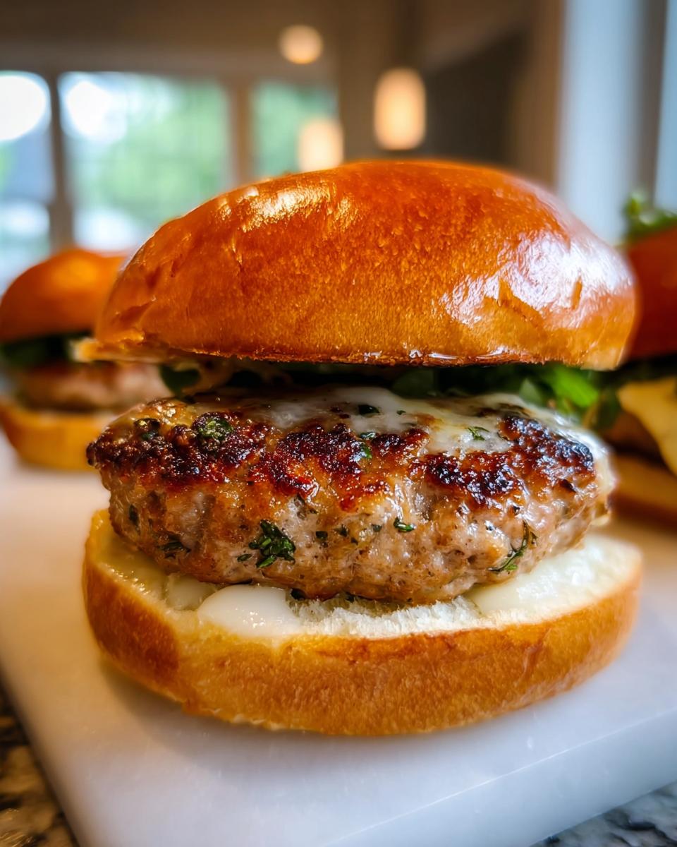 Close-up of a juicy turkey burger patty on a bun, topped with melted cheese and greens.