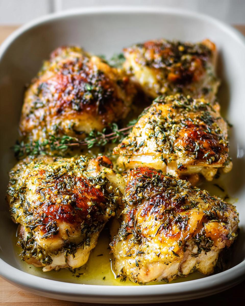 Close-up of juicy oven baked lemon herb chicken thighs in a white dish, glistening with herbs and juices.
