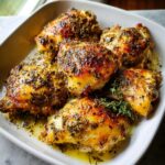 Golden brown, juicy oven baked lemon herb chicken thighs in a white dish, seasoned with herbs.