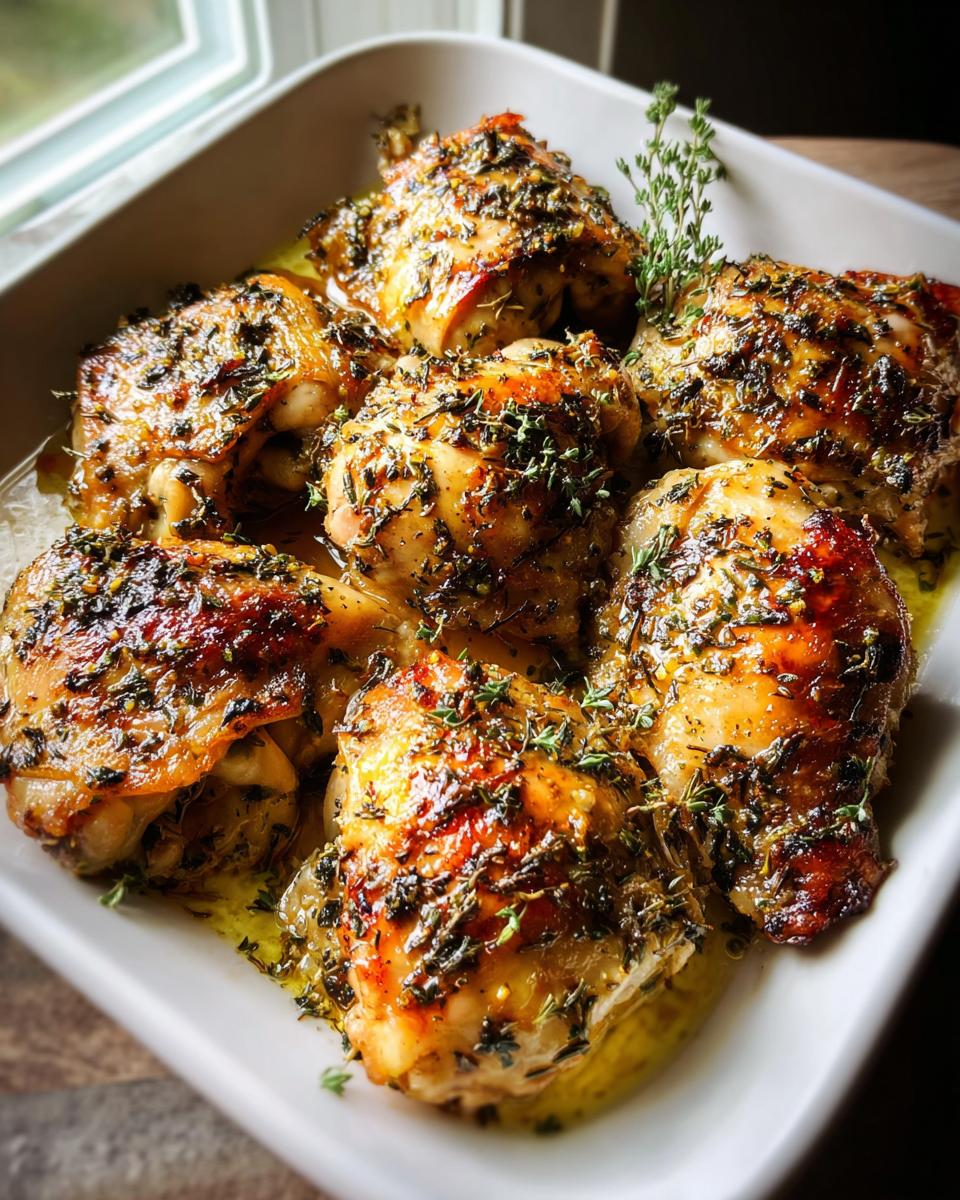 A dish of juicy oven baked lemon herb chicken thighs, glistening with sauce and herbs.