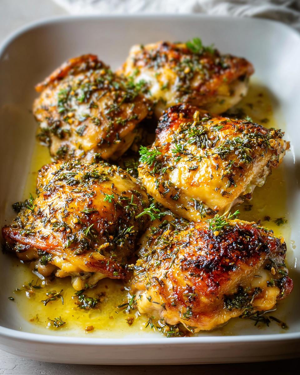 Close-up of juicy oven baked lemon herb chicken thighs in a white dish, glistening with herb sauce.