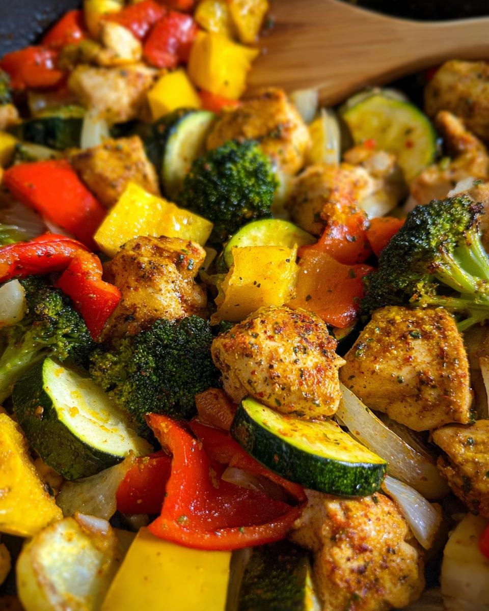 Close-up of pan chicken and veggies with bold seasoning, featuring colorful bell peppers, broccoli, zucchini, and seasoned chicken pieces.