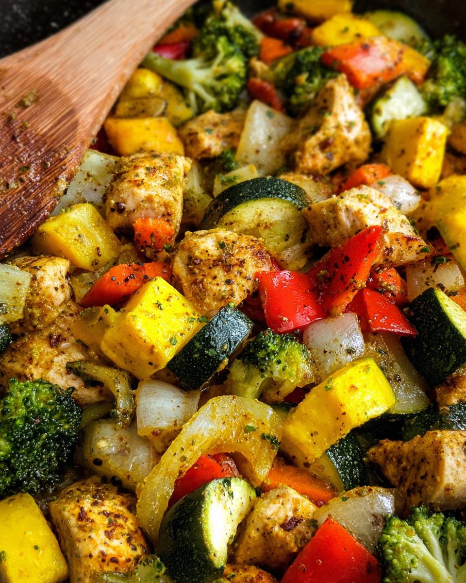 Close-up of pan chicken and veggies with bold seasoning, featuring broccoli, zucchini, bell peppers, and carrots.