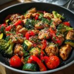 A close-up of pan chicken and veggies with bold seasoning, featuring tender chicken pieces, broccoli, zucchini, bell peppers, and cherry tomatoes.