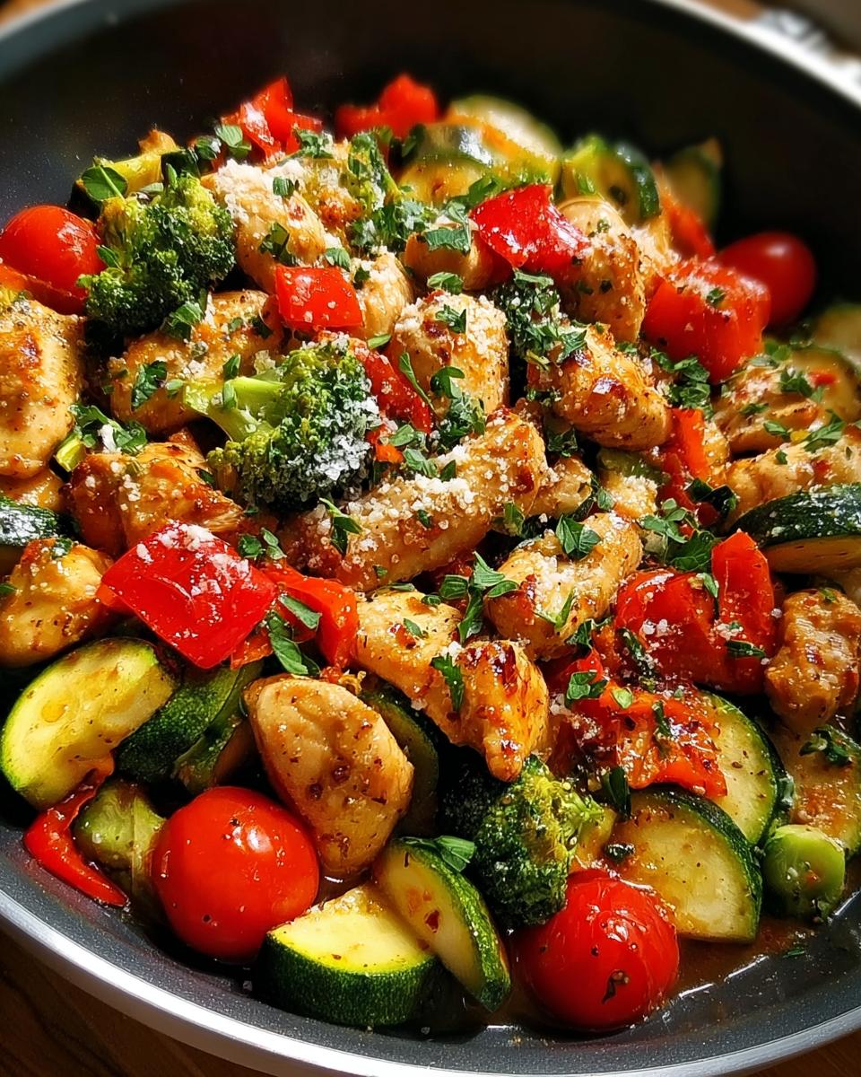 A close-up of pan chicken and veggies, featuring tender chicken pieces, broccoli florets, zucchini slices, and cherry tomatoes, seasoned and garnished with parsley.