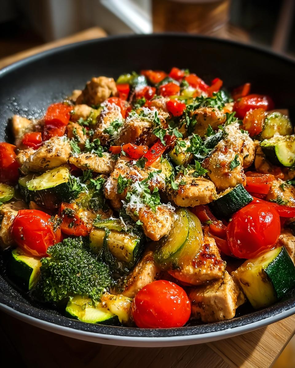 Close-up of pan chicken and veggies with bold seasoning, featuring chicken pieces, zucchini, cherry tomatoes, and broccoli.