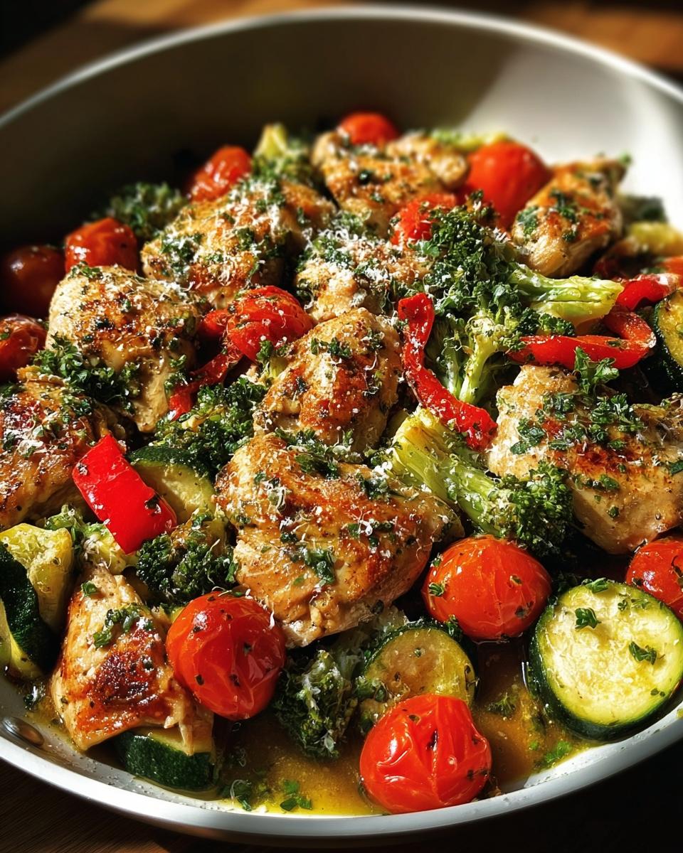 A close-up of pan chicken and veggies with bold seasoning, featuring chicken pieces, broccoli, cherry tomatoes, zucchini, and red bell peppers.