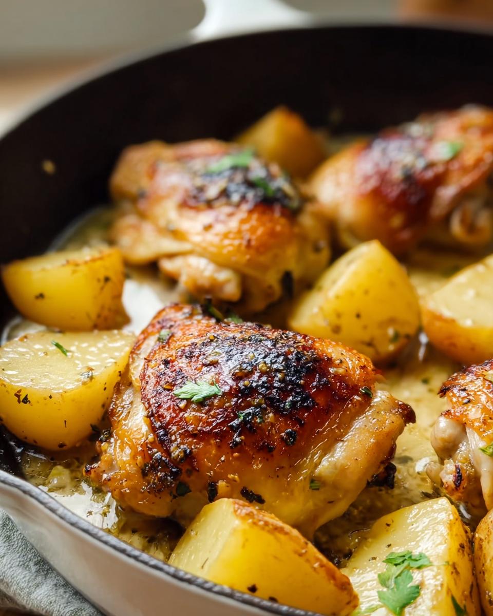Close-up of golden brown pan roasted chicken thighs with garlic butter sauce and roasted potatoes.