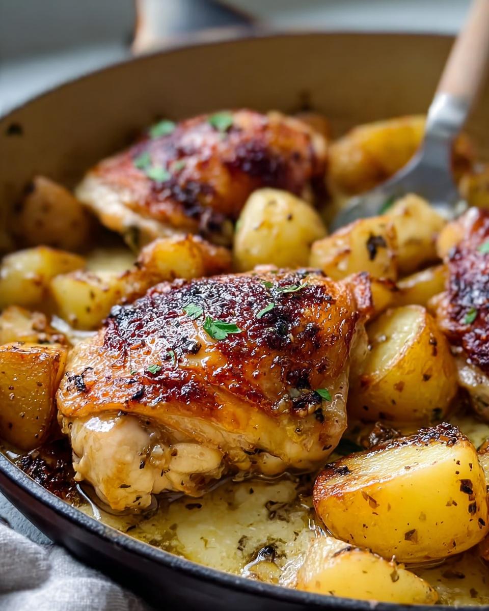 Close-up of juicy pan roasted chicken thighs with golden potatoes, glistening in garlic butter sauce.