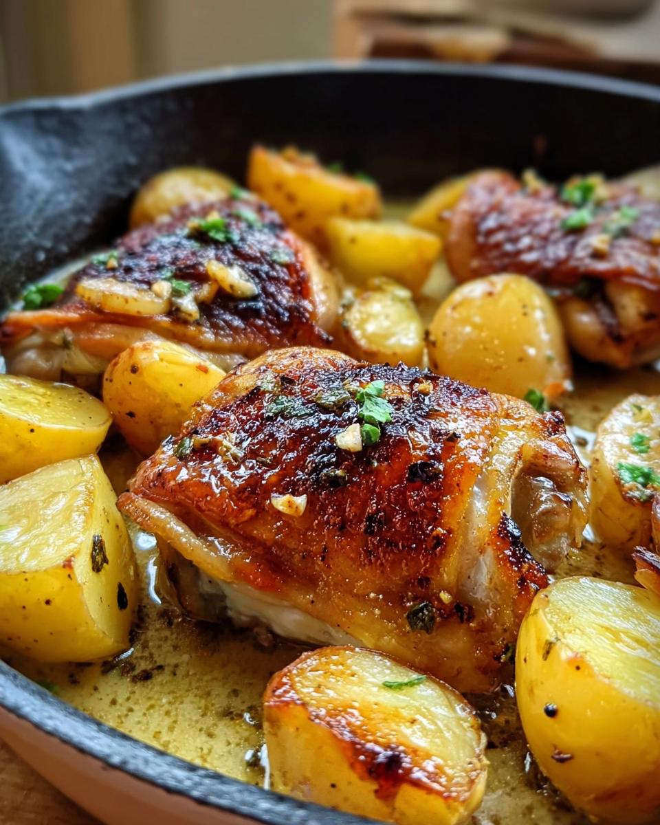 Close-up of juicy pan roasted chicken thighs with crispy skin, surrounded by golden roasted potatoes in a garlic butter sauce.