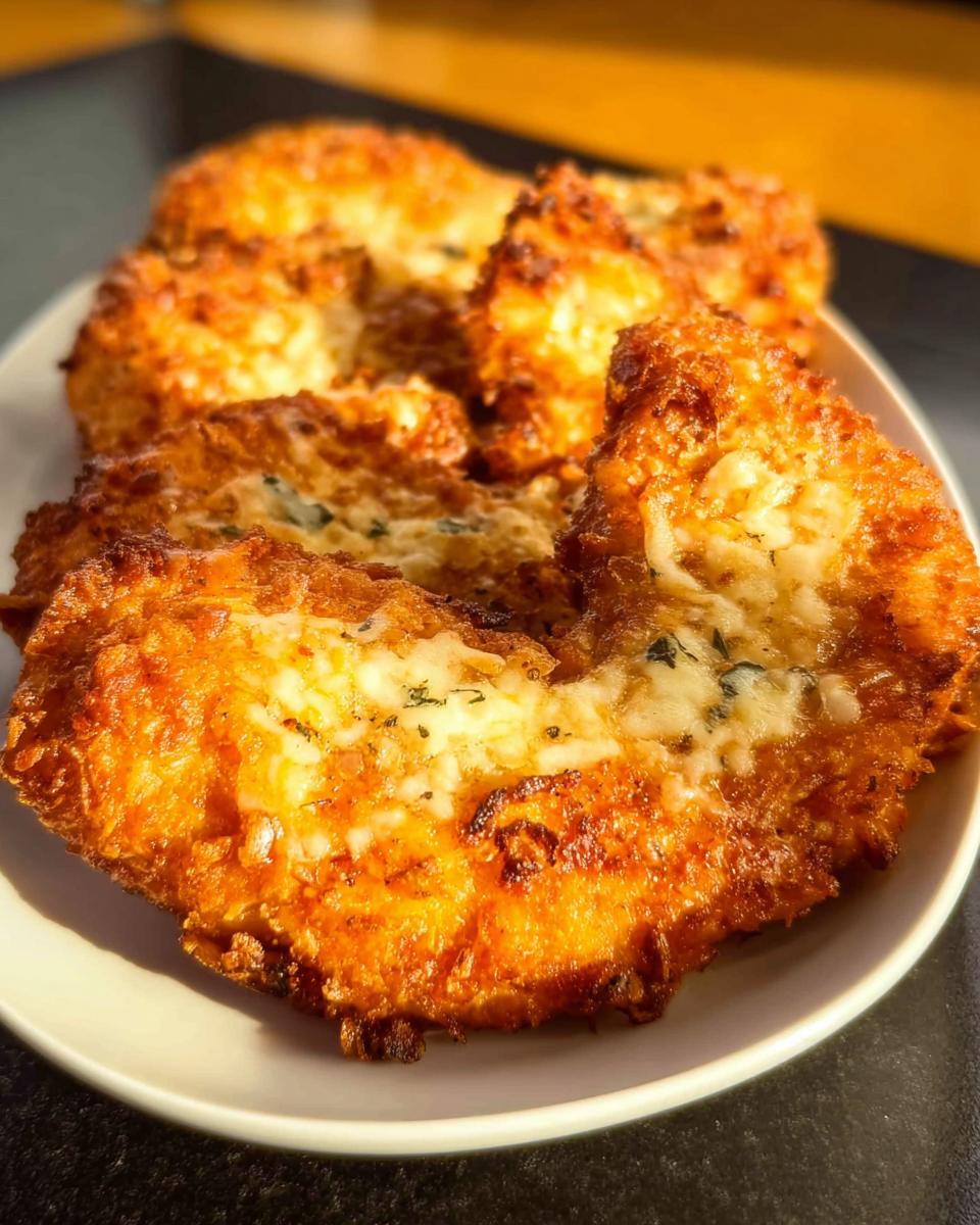 Close-up of golden brown Parmesan Crusted Chicken Breasts with melted cheese and herbs on a white plate.