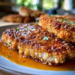 Close-up of delicious Parmesan Crusted Pork Chops with Crunch, glistening with sauce and garnished with parsley.