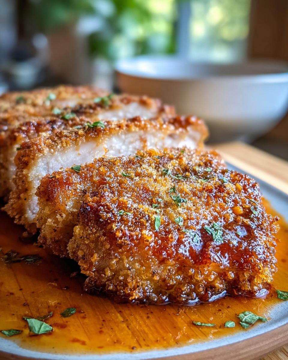 Close-up of juicy Parmesan Crusted Pork Chops with Crunch, coated in golden breadcrumbs and drizzled with sauce.