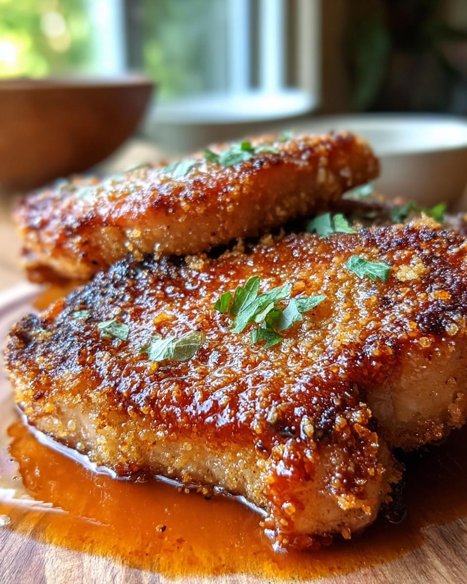 Close-up of delicious Parmesan Crusted Pork Chops with Crunch, glistening with sauce and garnished with parsley.