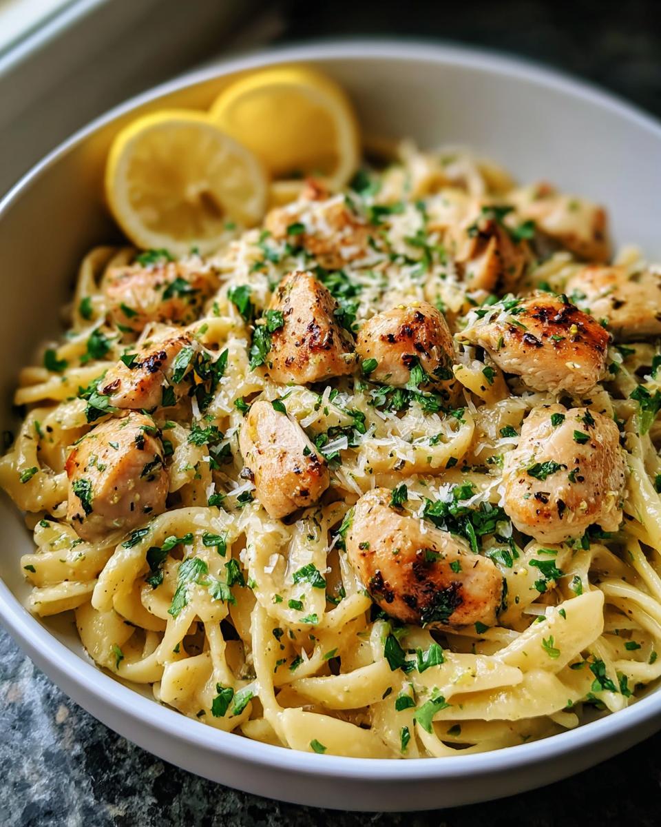 A bowl of Pot Chicken Pasta with Garlic Butter, topped with grilled chicken pieces, parsley, and parmesan cheese, garnished with lemon slices.