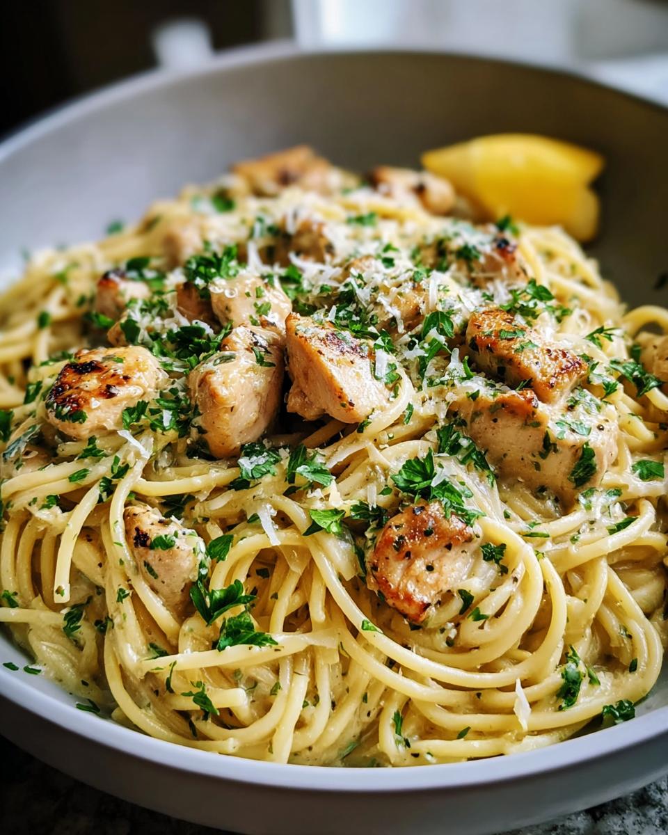 A close-up of Pot Chicken Pasta with Garlic Butter, topped with chopped parsley and grated Parmesan cheese.