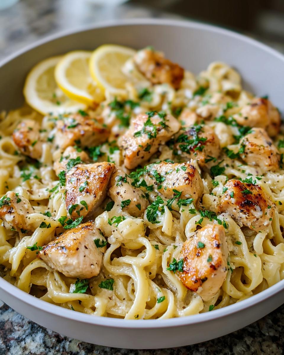 A bowl of Pot Chicken Pasta with Garlic Butter, topped with pan-seared chicken pieces, fresh parsley, and lemon slices.