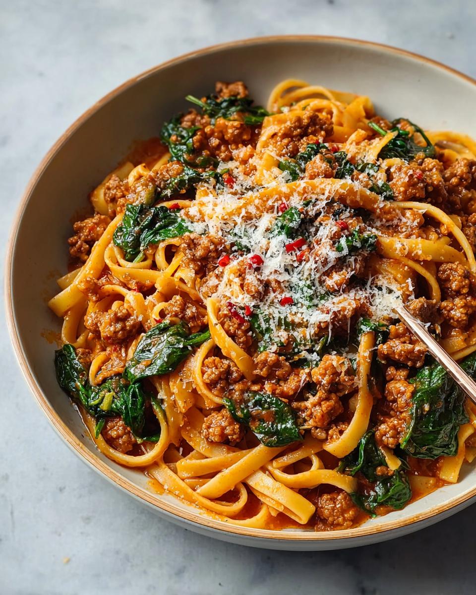 A bowl of delicious Pot Pasta with Sausage and Spinach, topped with grated Parmesan cheese and red pepper flakes.