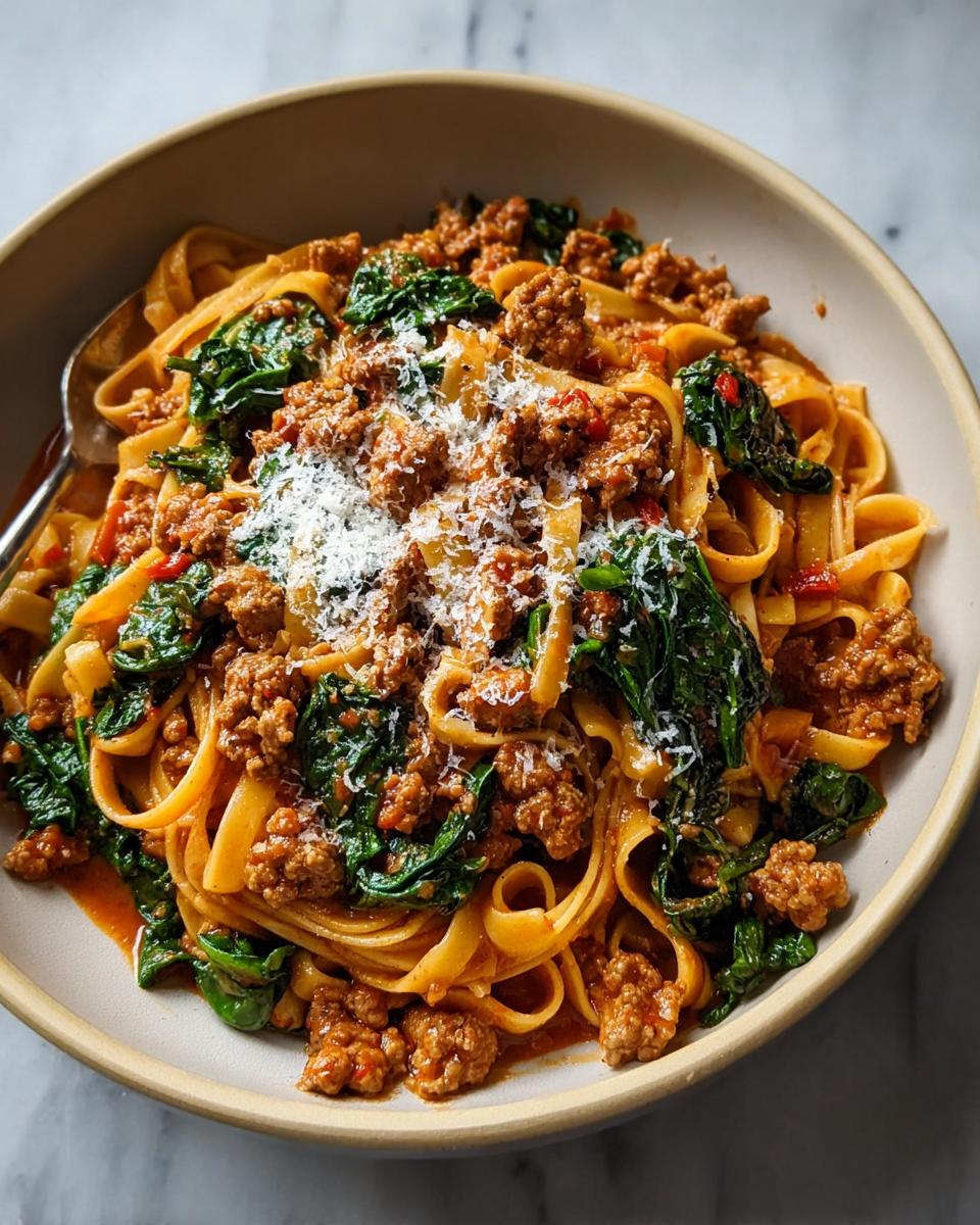 A close-up of a bowl of pot pasta with sausage and spinach, topped with grated Parmesan cheese.