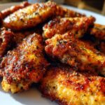 A close-up, mouth-watering shot of crispy Ranch Seasoned Wings piled on a white plate.