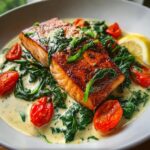 A perfectly cooked salmon fillet served in a creamy Tuscan sauce with spinach, cherry tomatoes, and a lemon wedge.