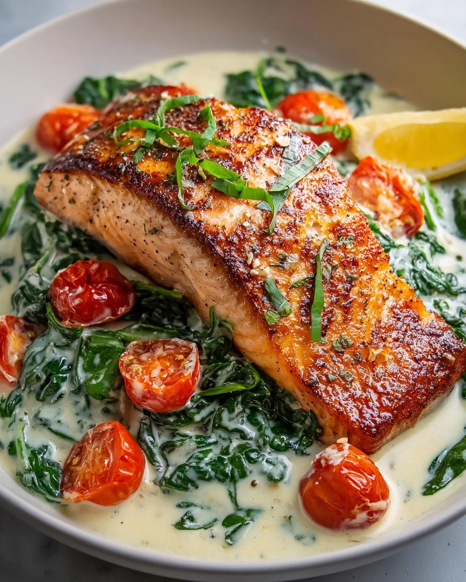 A perfectly cooked salmon fillet served over wilted spinach and cherry tomatoes in a rich, creamy Tuscan sauce.