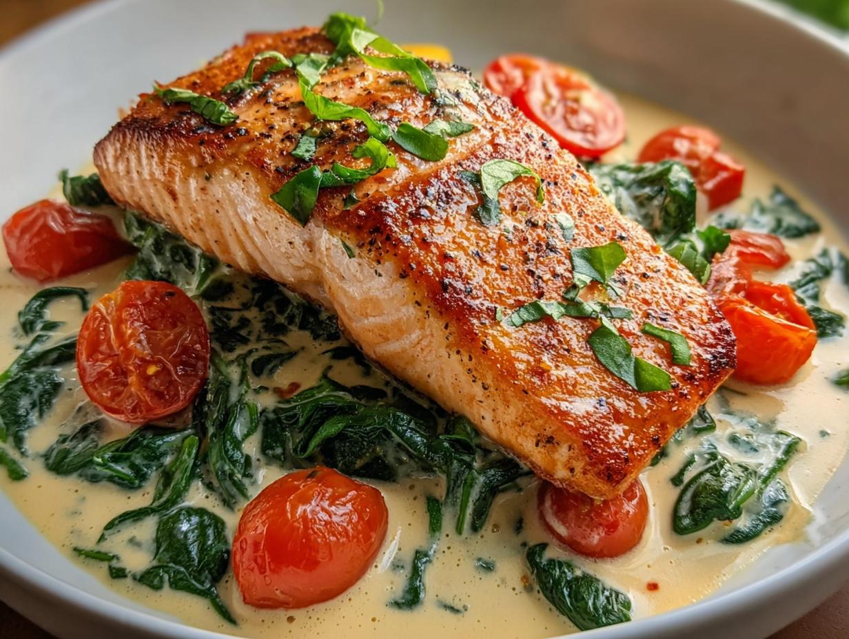 Amazing Salmon with Creamy Tuscan Sauce and Spinach