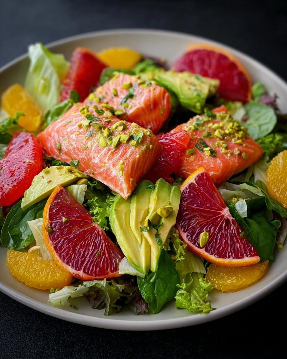 A vibrant Salmon Salad with bright citrus dressing, featuring flaky salmon, creamy avocado, and mixed greens.