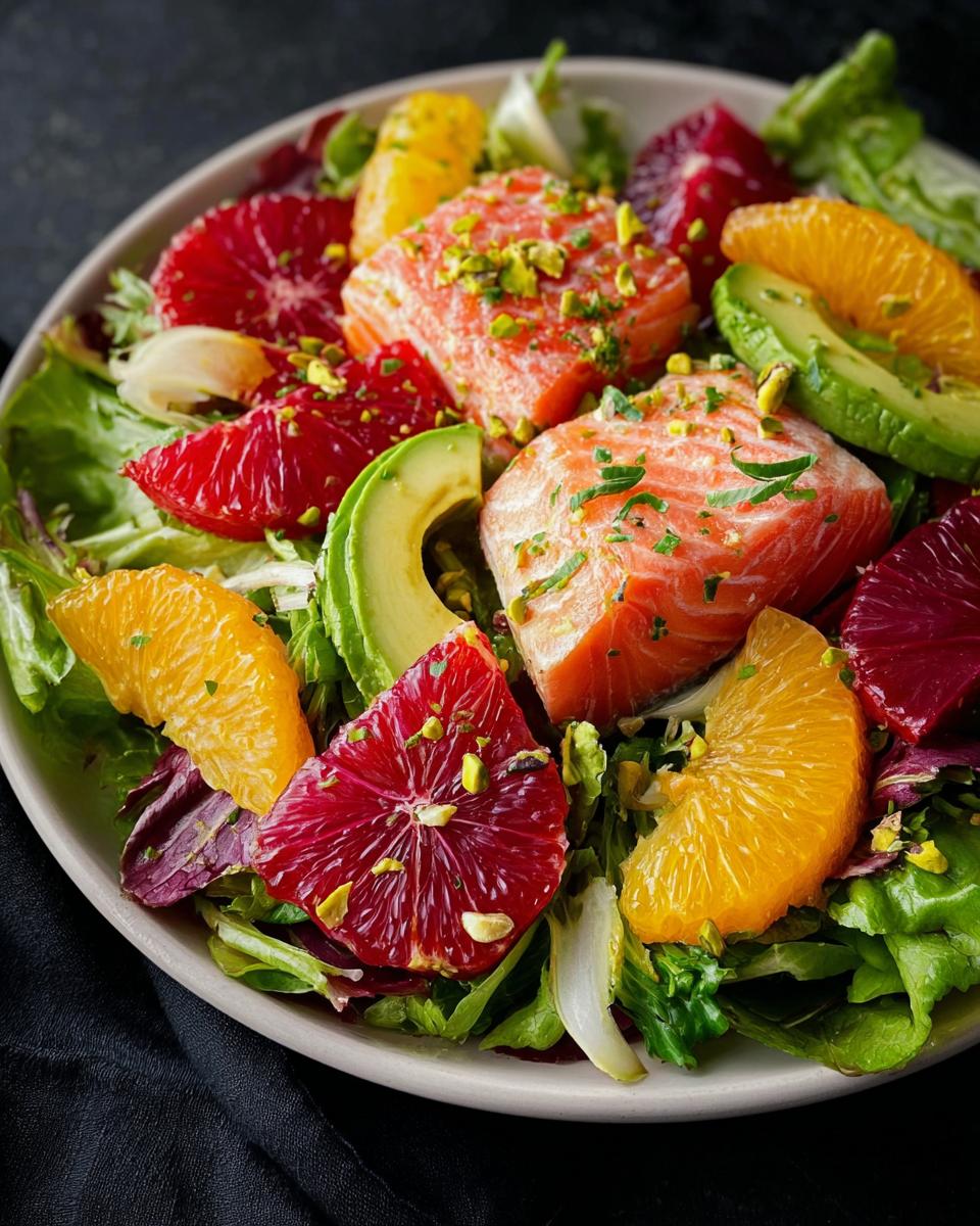 A vibrant Salmon Salad with Bright Citrus Dressing, featuring flaky salmon, avocado, and blood orange slices on a bed of mixed greens.