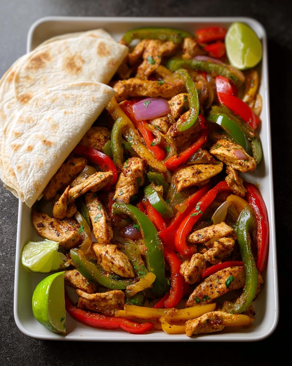 A platter of colorful Sheet Pan Chicken Fajitas with Peppers, onions, and lime wedges, served with folded tortillas.