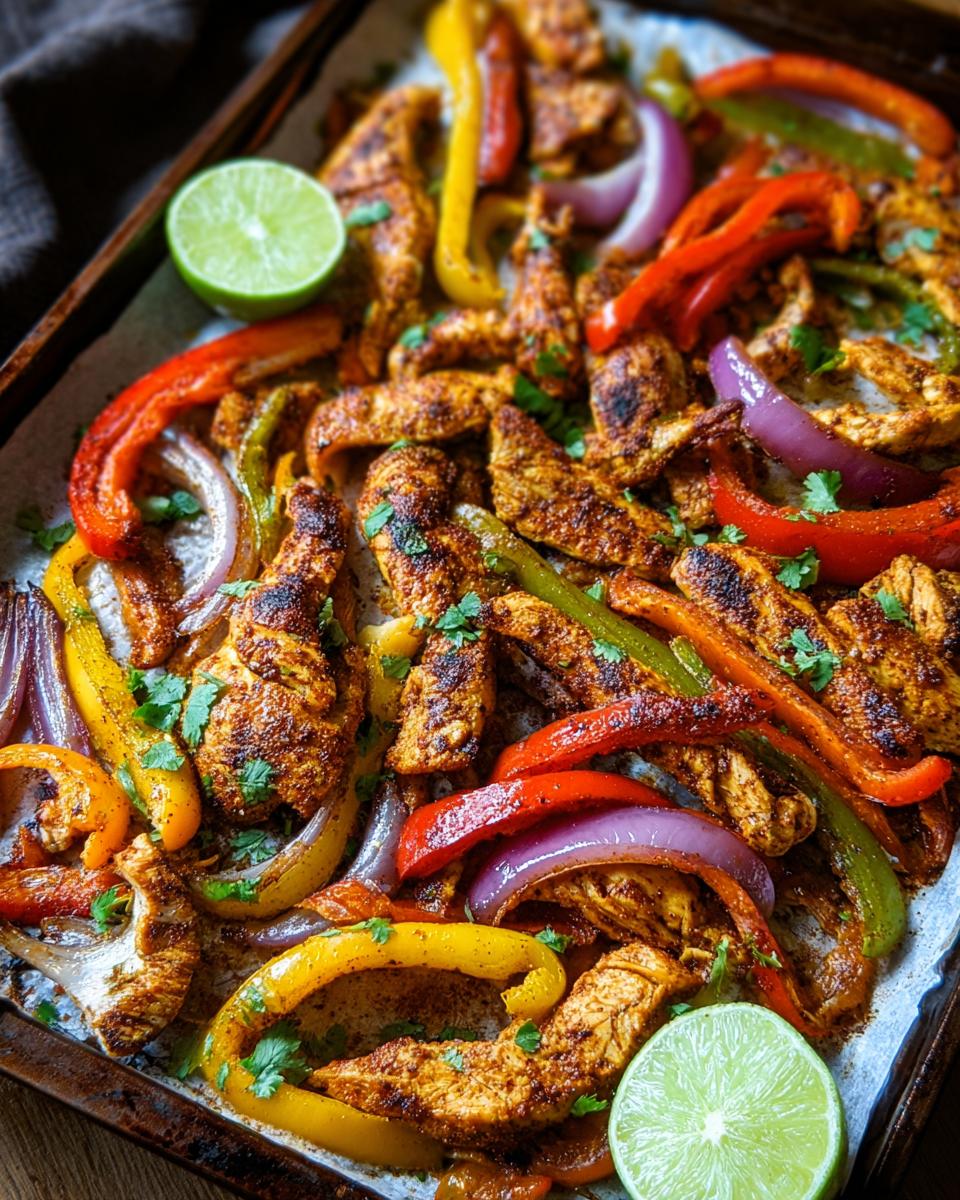 A close-up view of Sheet Pan Chicken Fajitas with colorful bell peppers and red onion, garnished with cilantro and lime wedges.