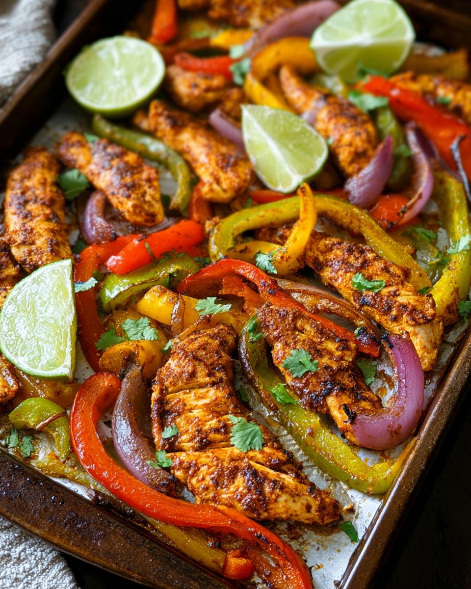 Close-up of Sheet Pan Chicken Fajitas with Peppers, onions, and lime wedges, seasoned and roasted on a baking sheet.